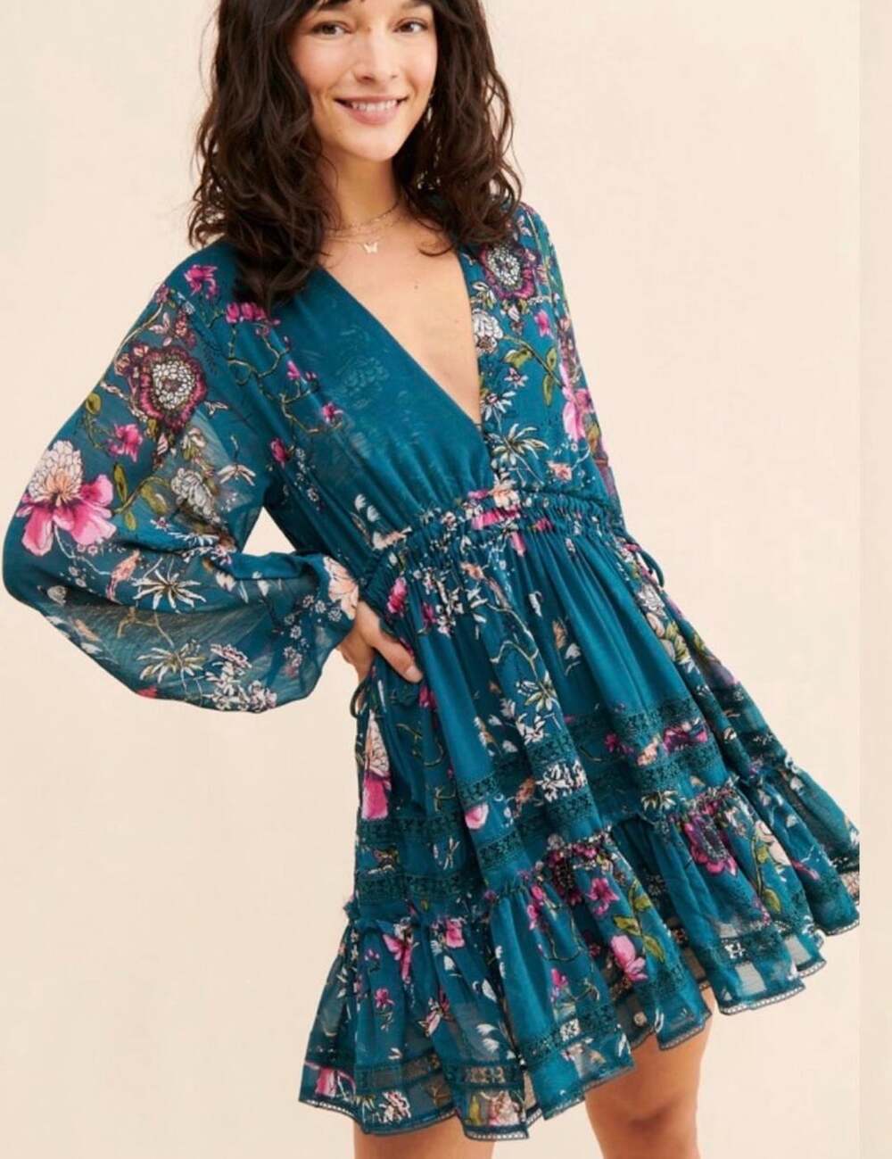 Free People Cherry Blossom Floral Long Sleeve Mini Dress in Emerald Combo